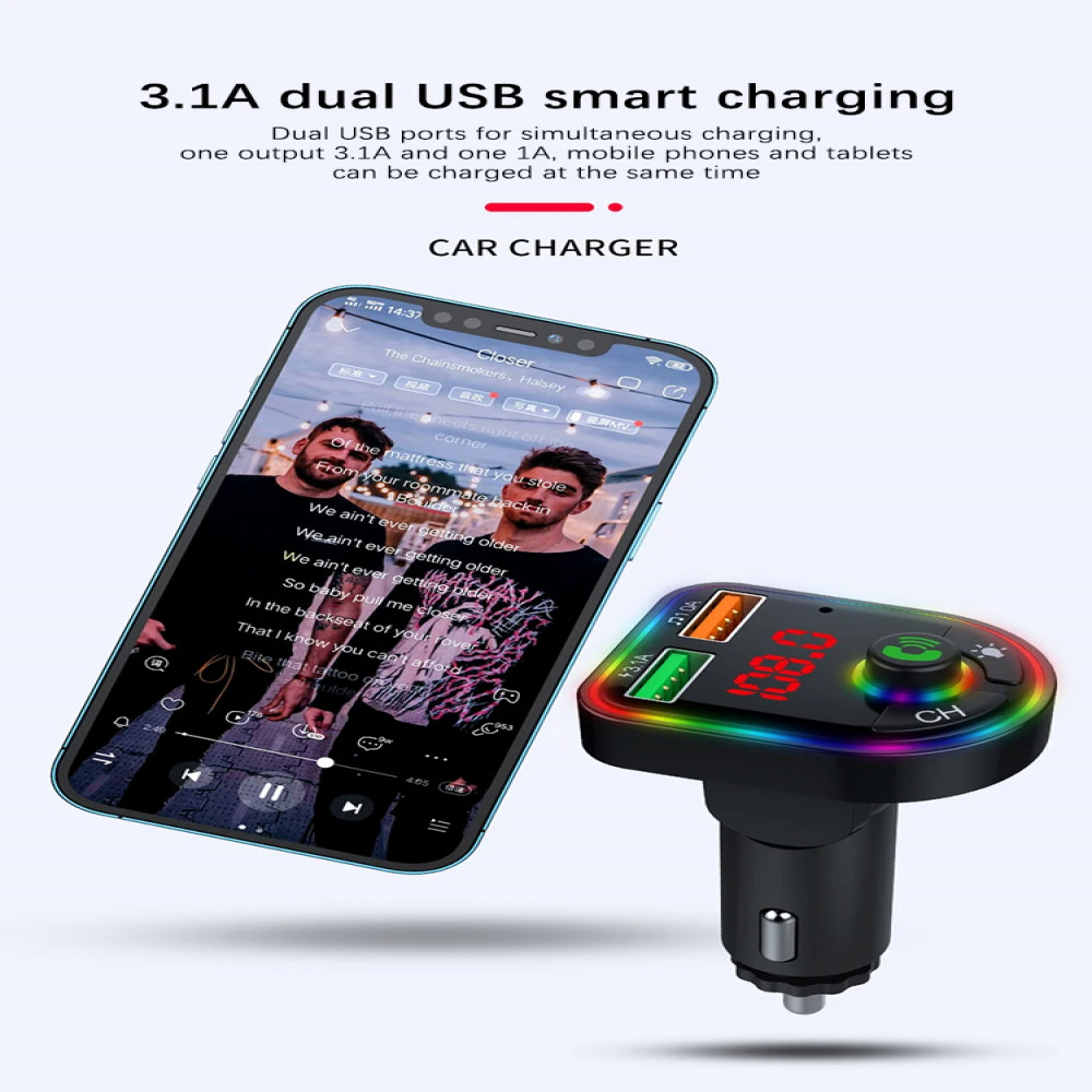 Car Wireless Bluetooth5.3 FM Transmitter MP3 Player USB Car Fast Charger Adapter