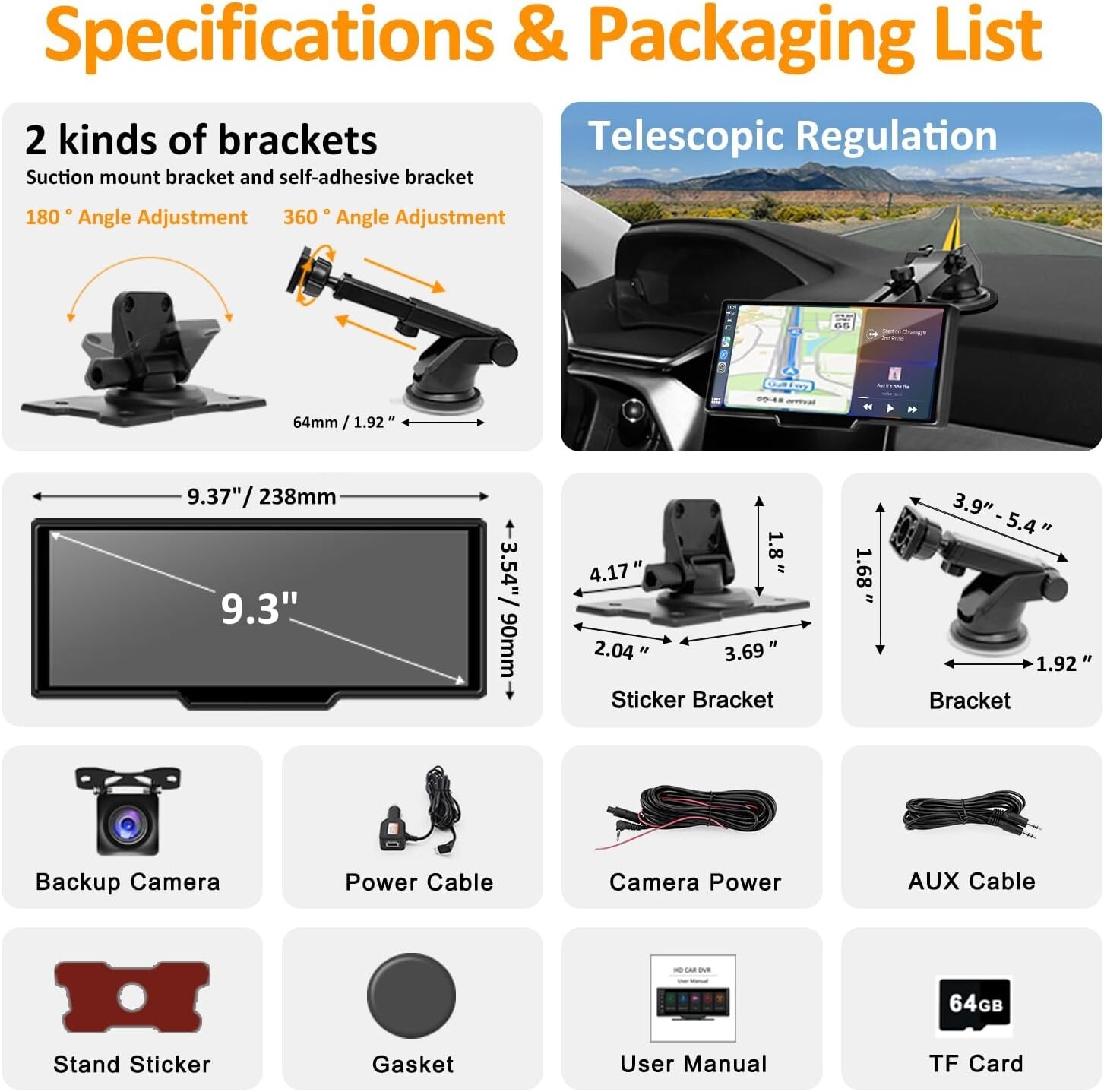 Portable Wireless Carplay Car Stereo with 2.5K Dash Cam-9.3" HD,1080p Backup Cam