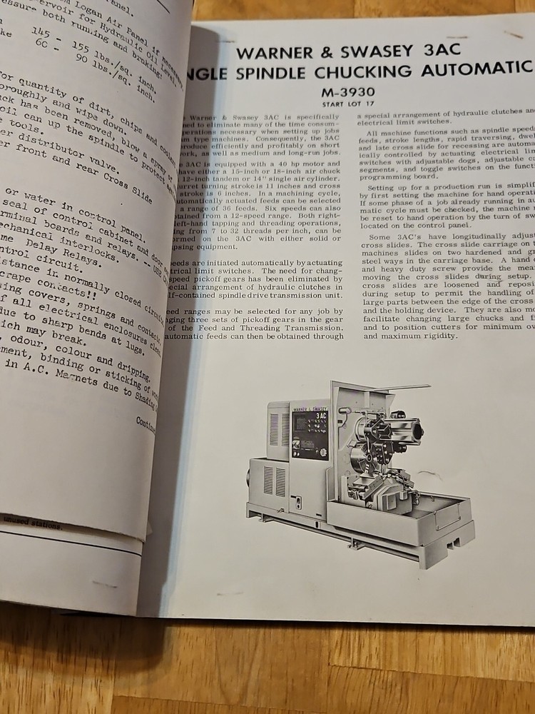 OPERATING INSTRUCTIONS 3AC M-3930 SINGLE SPINDLE CHUCKING AUTOMATIC 1968 RARE