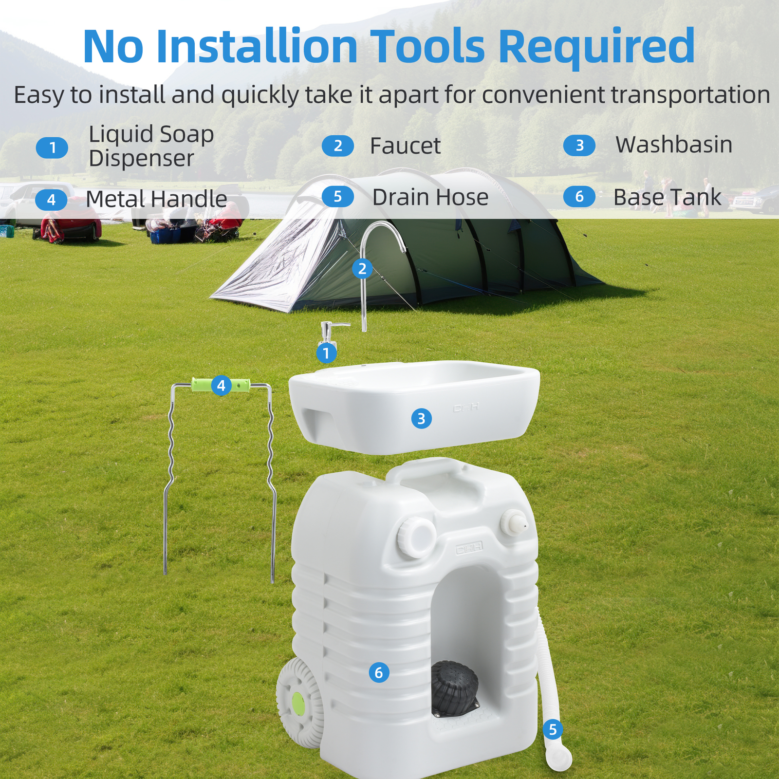 Outdoor Portable Camping Sink w/Soap Dispenser 45L Rolling Hand Wash Basin Stand