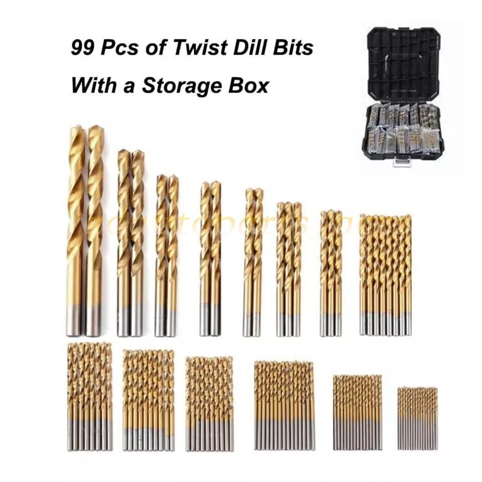 99PCS Drill Bit Set 1/16"-3/8" HSS Titanium Multi Drill Bits Twist Metal Tools
