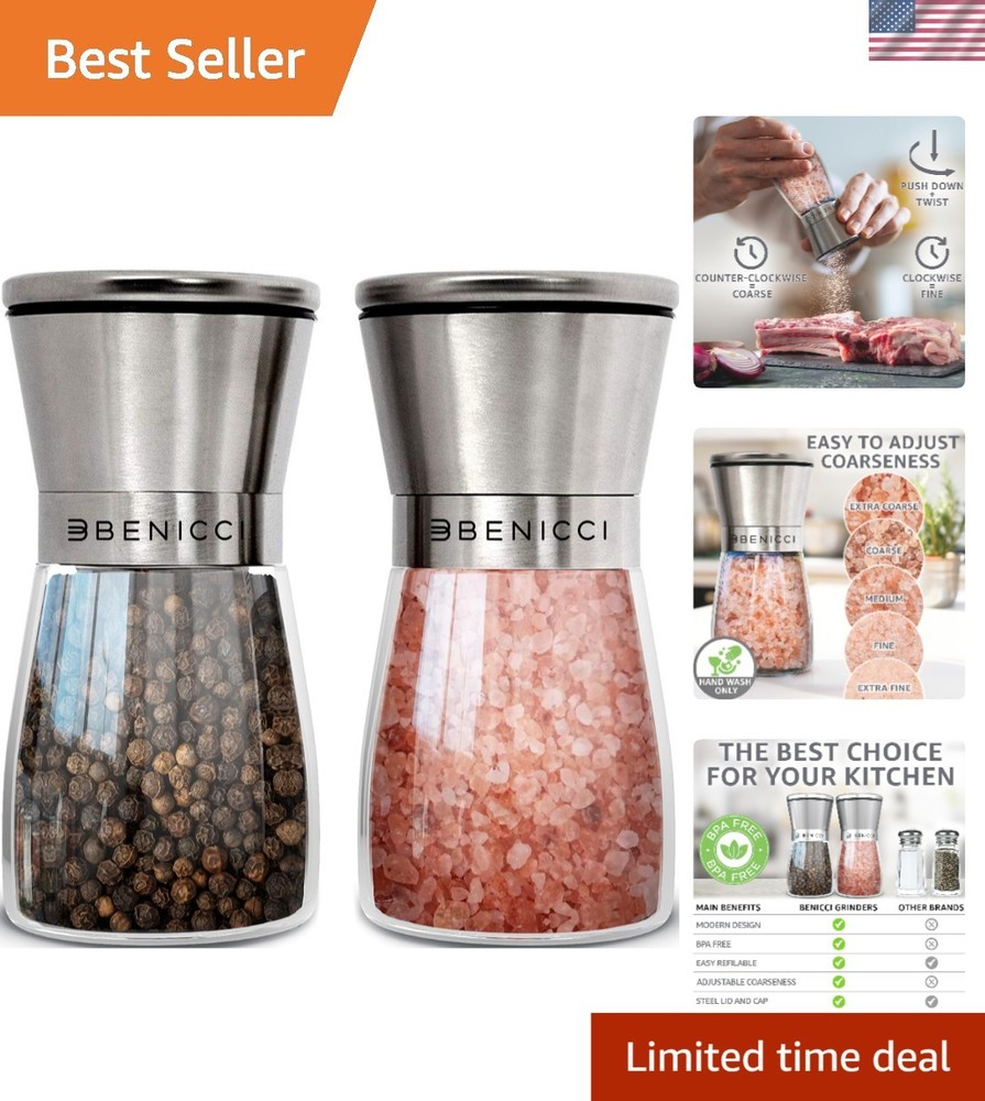 Refillable Manual Salt and Pepper Grinders Set - Adjustable Coarseness Control