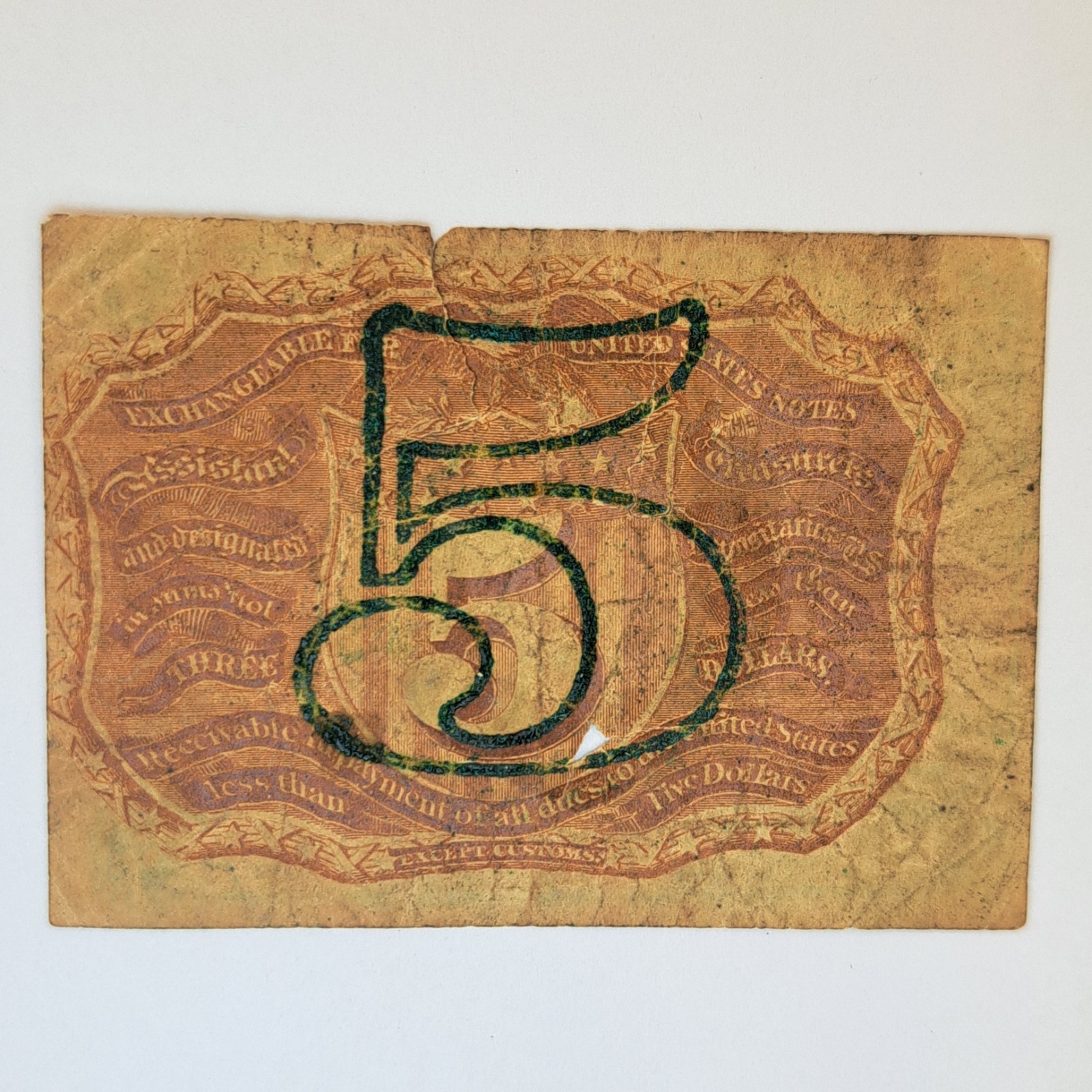 1863 United States 5 Cents Fractional Currency Banknote Well Circulated Tears