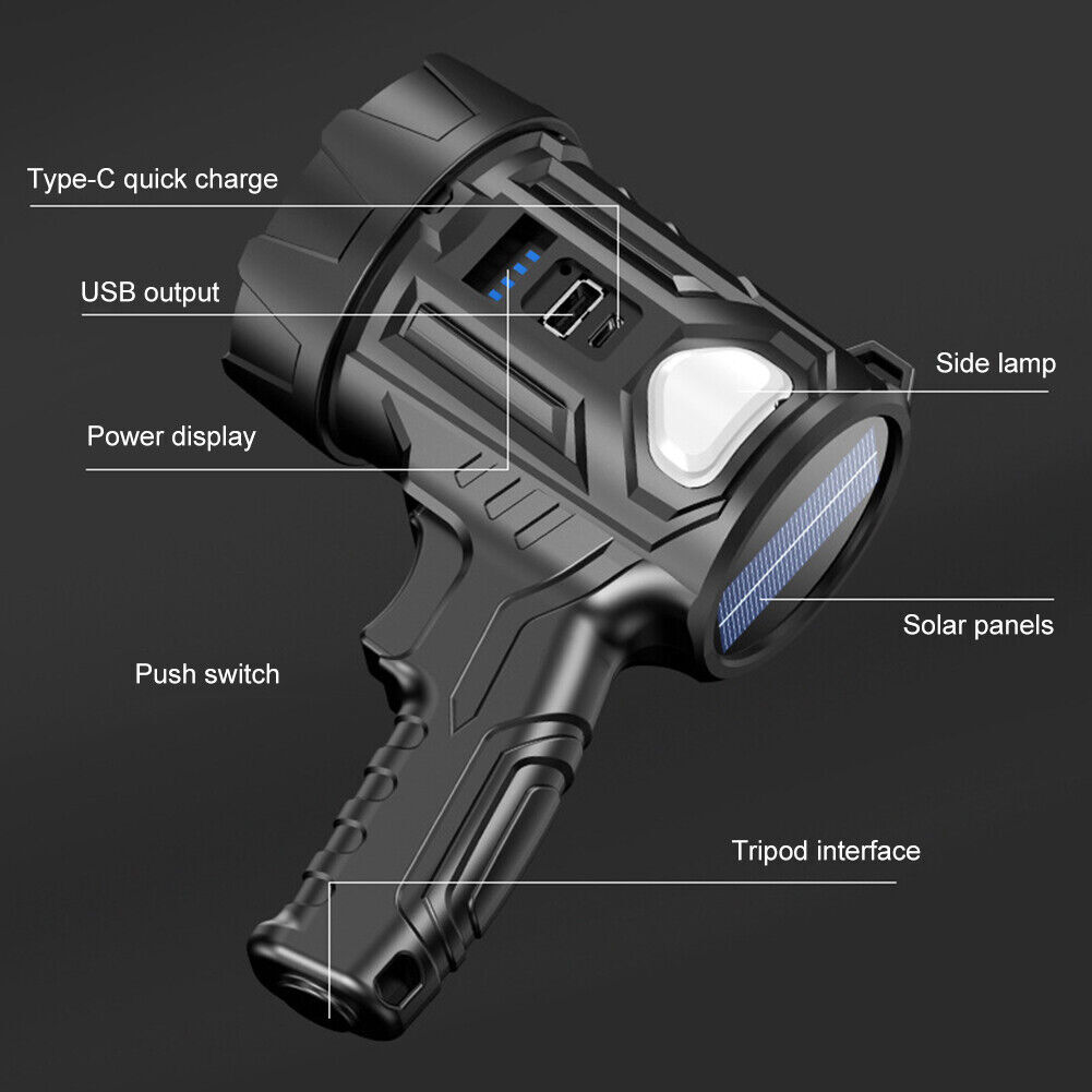 900000000LM Bright Solar/USB Rechargeable LED Spotlight Flashlight Searchlight