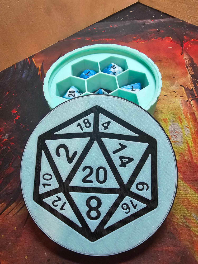 DnD Dice Storage Box – Custom 2 Colour Round Dice Case with D20 Lid