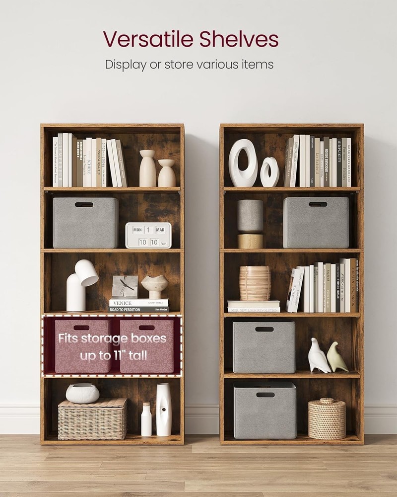 CUSTOS 5-Tier Rustic Brown Bookshelf - Adjustable Open Storage Shelf