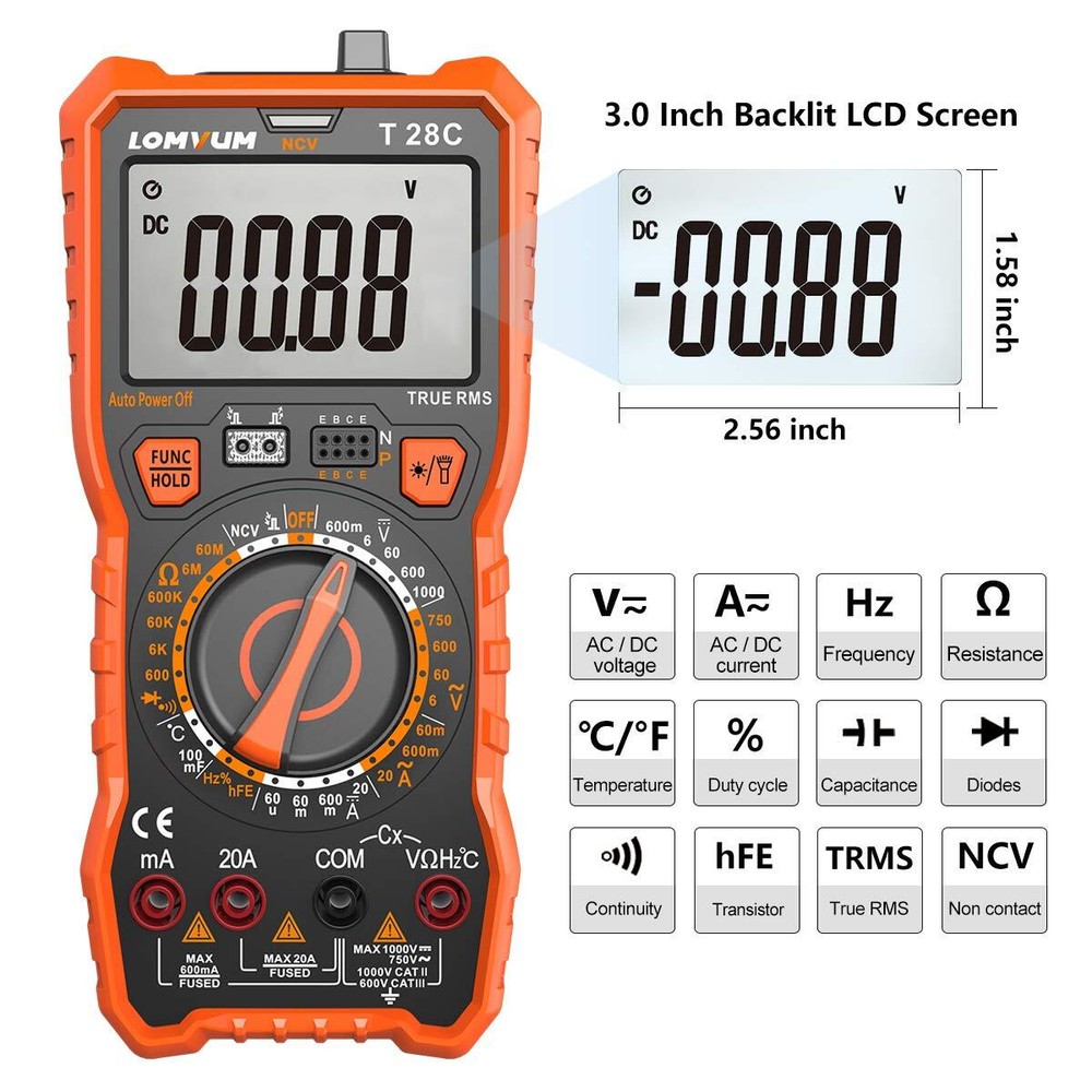 Digital Multimeter 6000 Counts Trms Autoranging Portable Multimeter With Ac Dc V