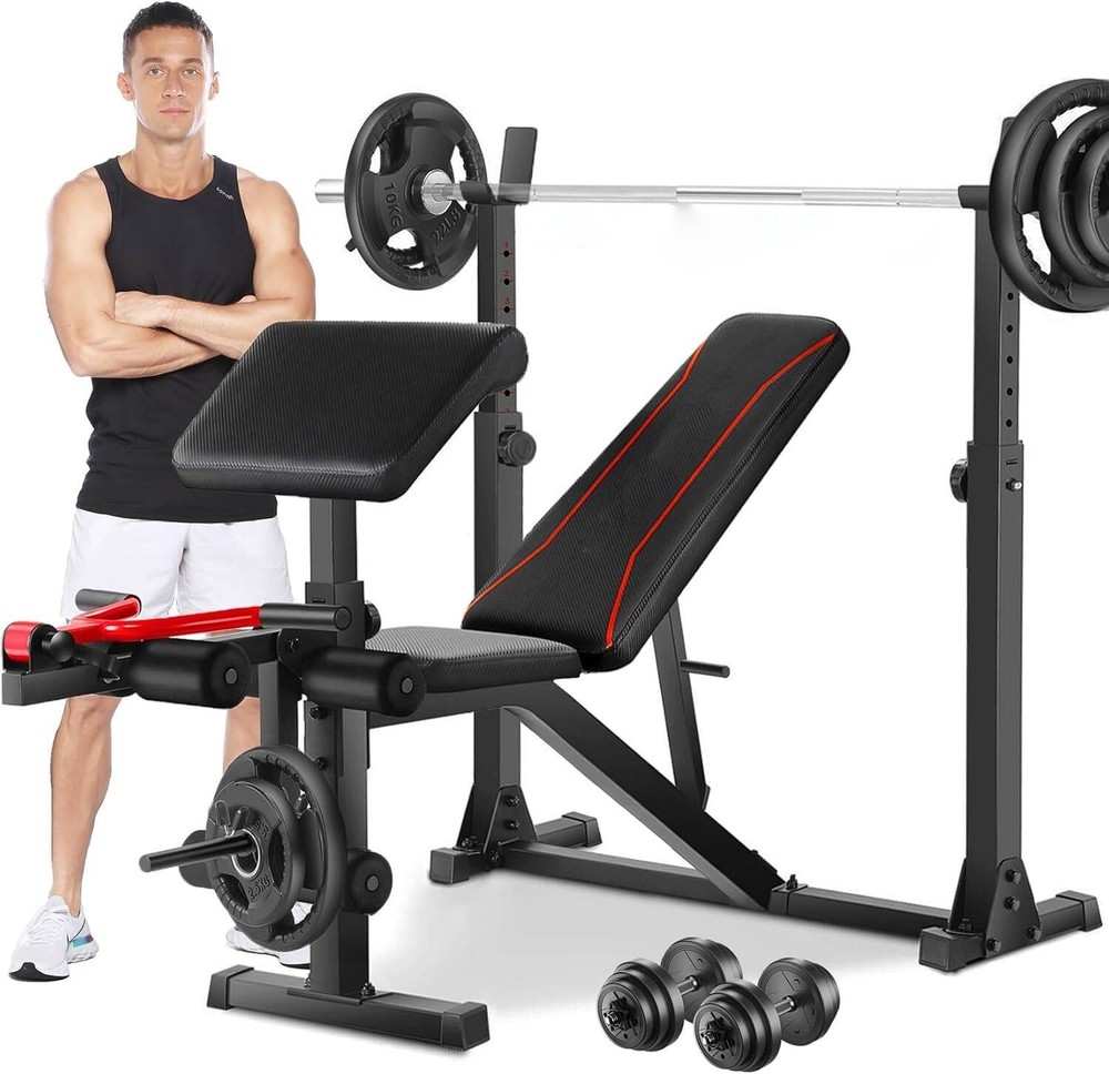 Adjustable Weight Bench Press with Squat Rack Multi-Function Dip Station Workout