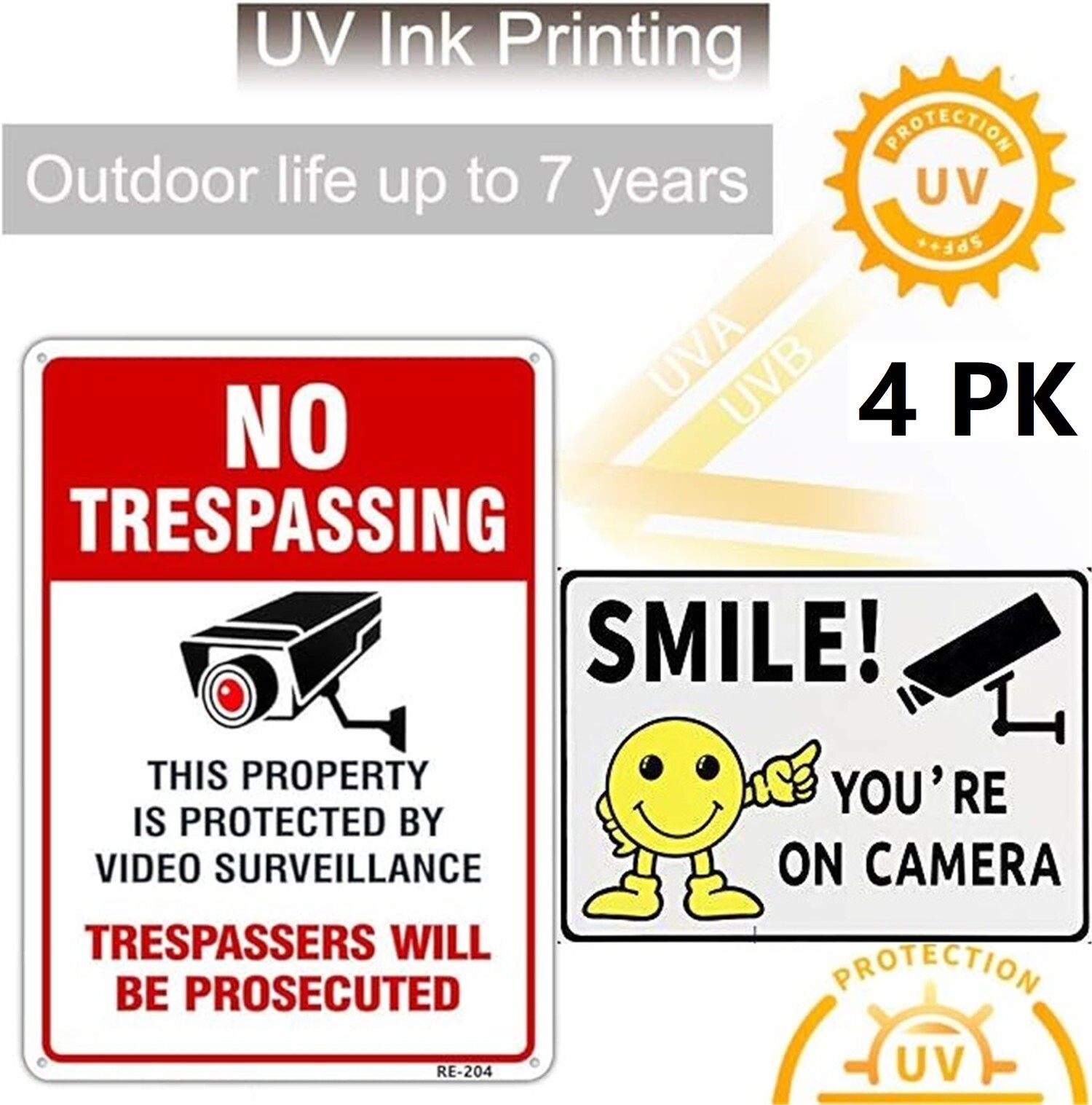 4 Pack WARNING SECURITY SMILE ON CAMERA NO TRESPASSING Aluminum Composite Sign