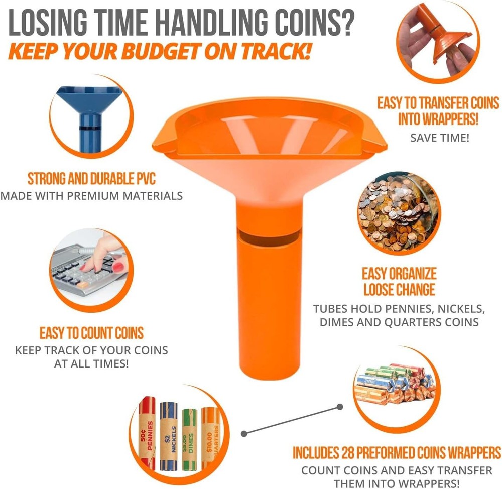 Complete Coin Sorting and Wrapping System - 4 Tubes with 28 Color-Coded Wrappers