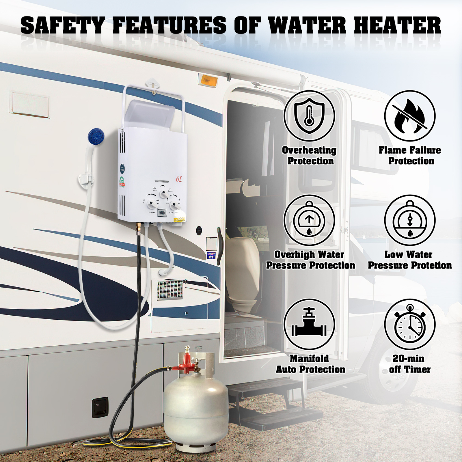 Portable LPG Propane Gas Hot Water Heater 6L Tankless Instant Boiler Outdoor RV