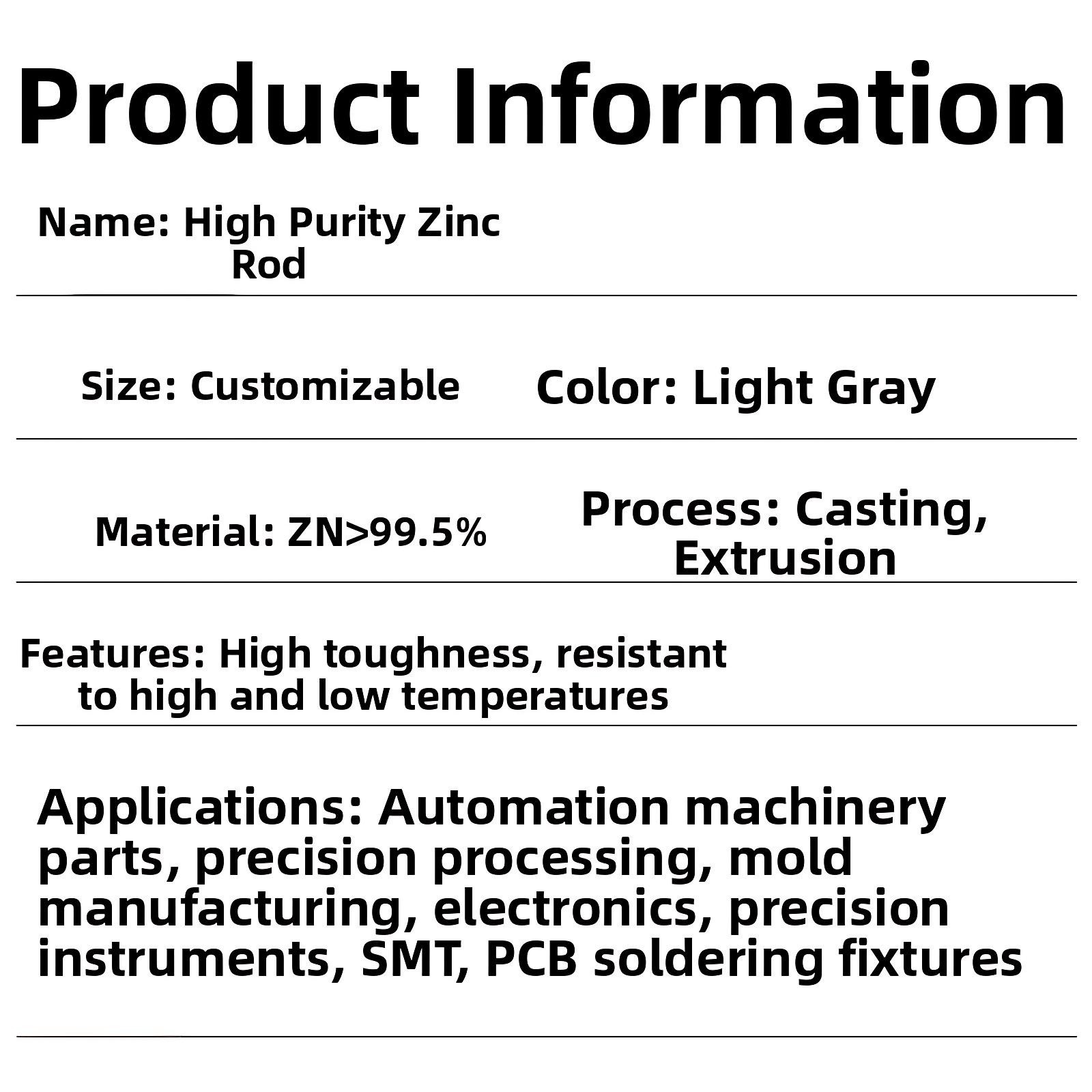 99.99% Zinc Rod High Purity Zn Ingot/Bar Anode Electroplating Ø5~120mm 100/300mm