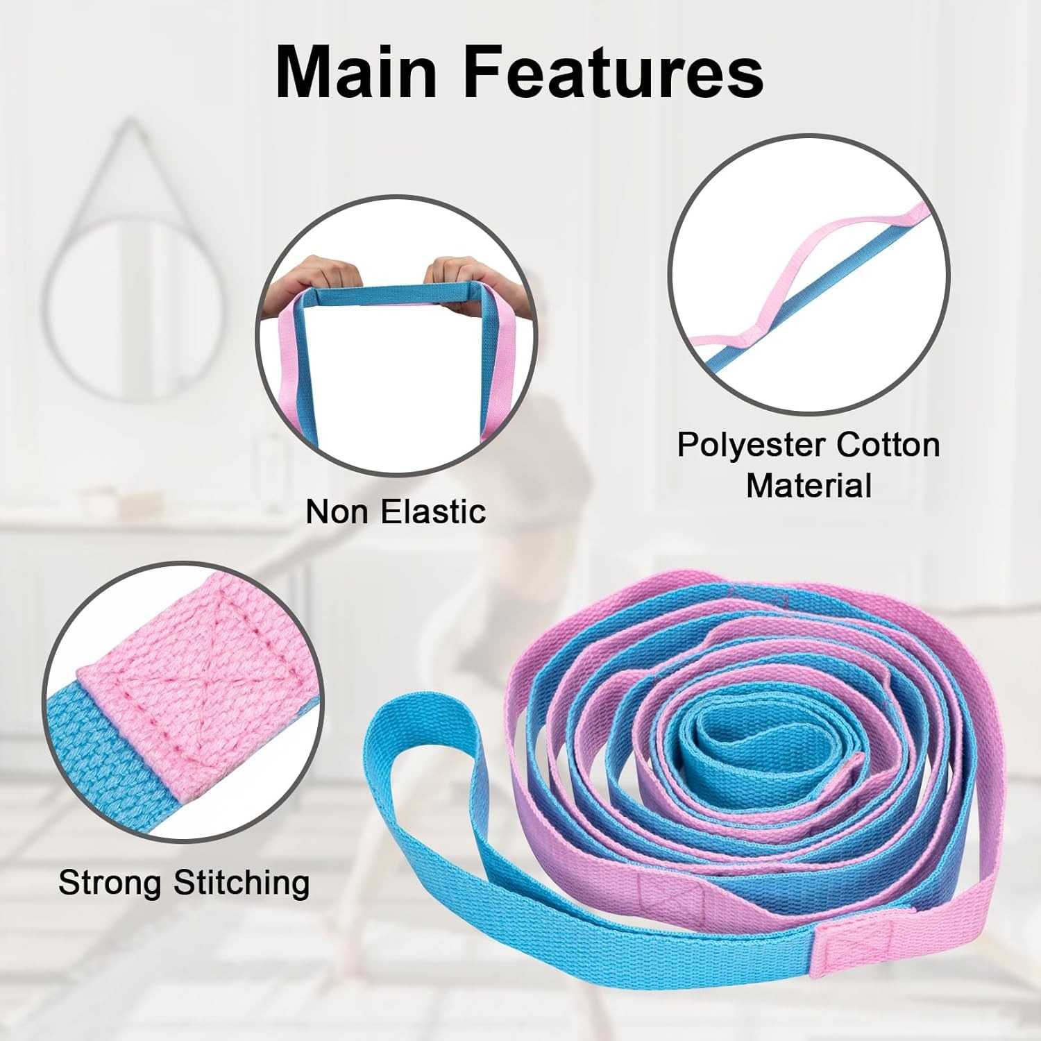 Yoga Strap for Stretching with 10 Loops Inelastic Soft Polyester Cotton Stretch