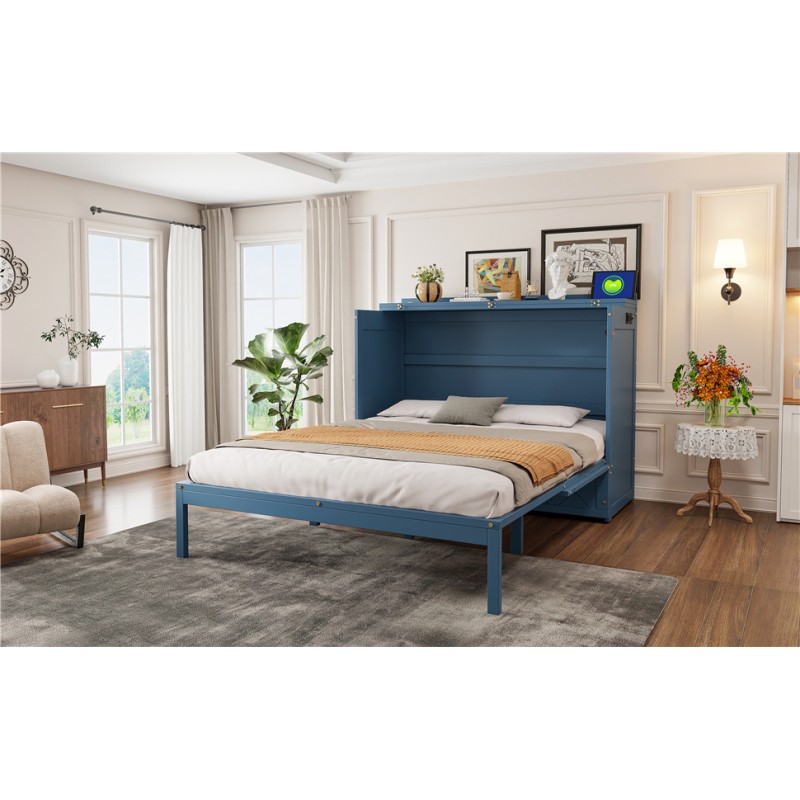 Queen Size Murphy Wall Bed Space Saving Cabinet with Drawer USB Sockets Navy Blu