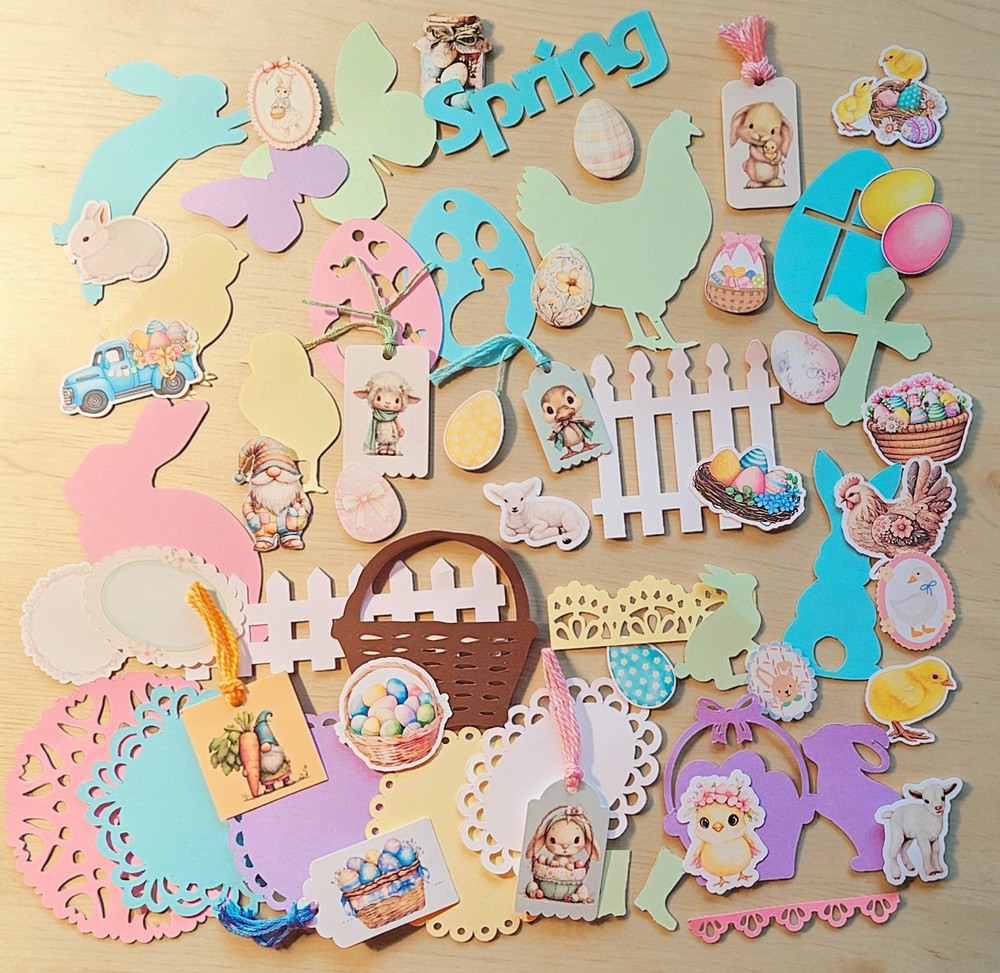 Mystery Easter and Spring Theme Papercraft Ephemera Kit, Scrapbook Stickers Tags