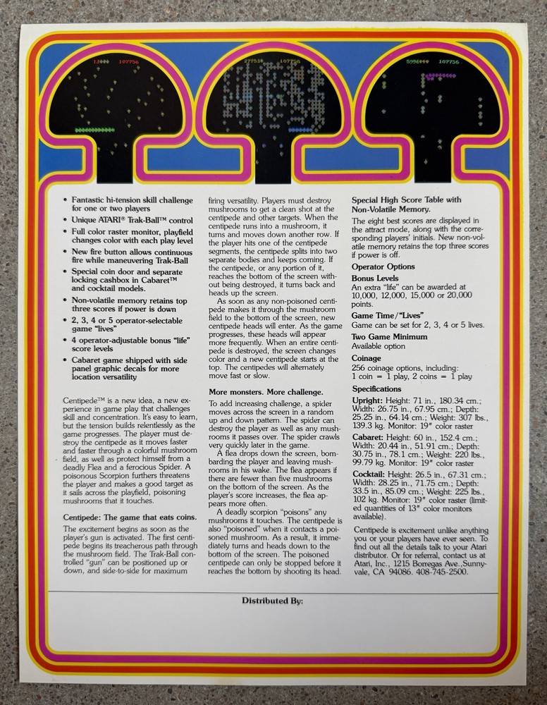 Centipede Original Video Arcade Flyer | 1981 Atari | Excellent Condition