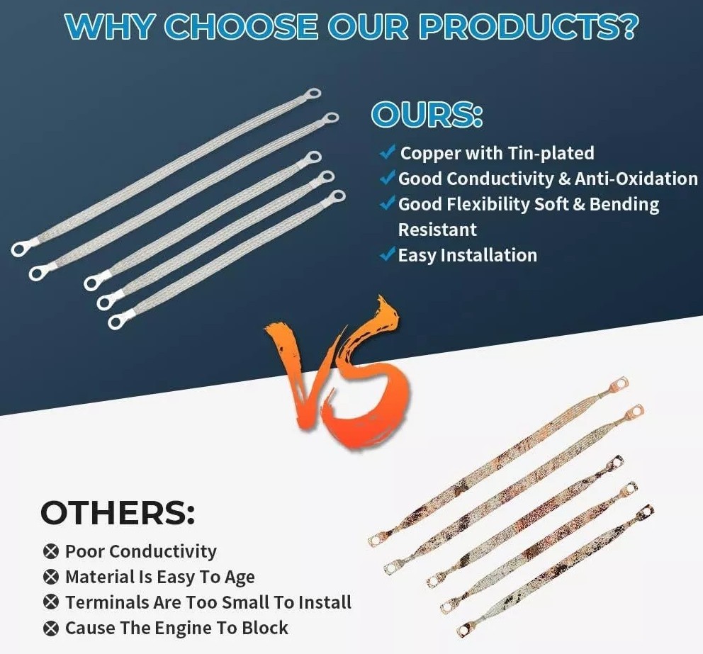 Car Truck Firewall Engine Body Engine Ground Strap Tinned Copper Cable Kit 5 Pcs