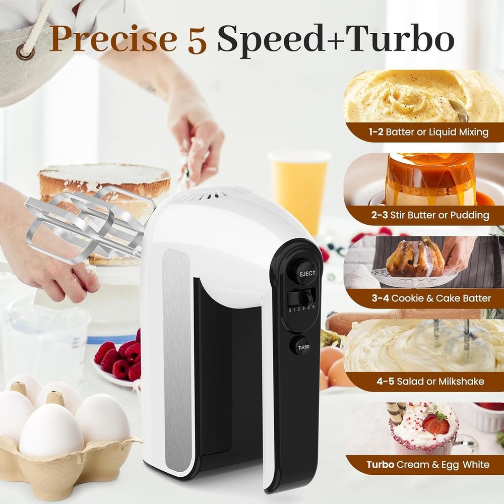 Ultimate 800W Electric Hand Mixer with Turbo Function & Storage Case - White