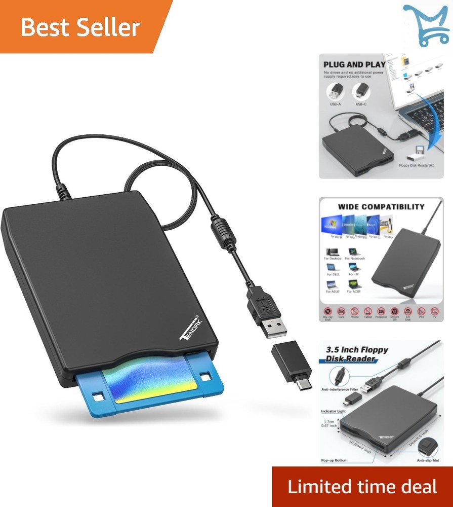 USB Floppy Disk Drive External 3.5 Inch Portable Floppy Disk Reader for Windows