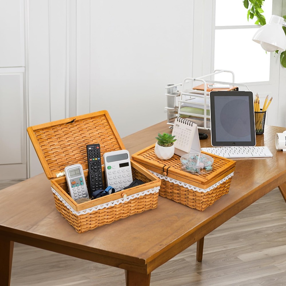 2 Pack Storage Basket with Lid, Handwoven Rectangular Storage Organizer for S...