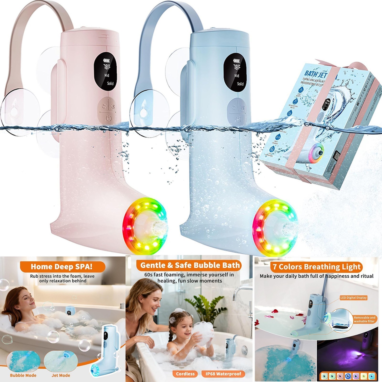 Portable Bath Jets for Tub: Jet Spa for Bathtub with 7-Color,Bath Jet/Bubble Mod