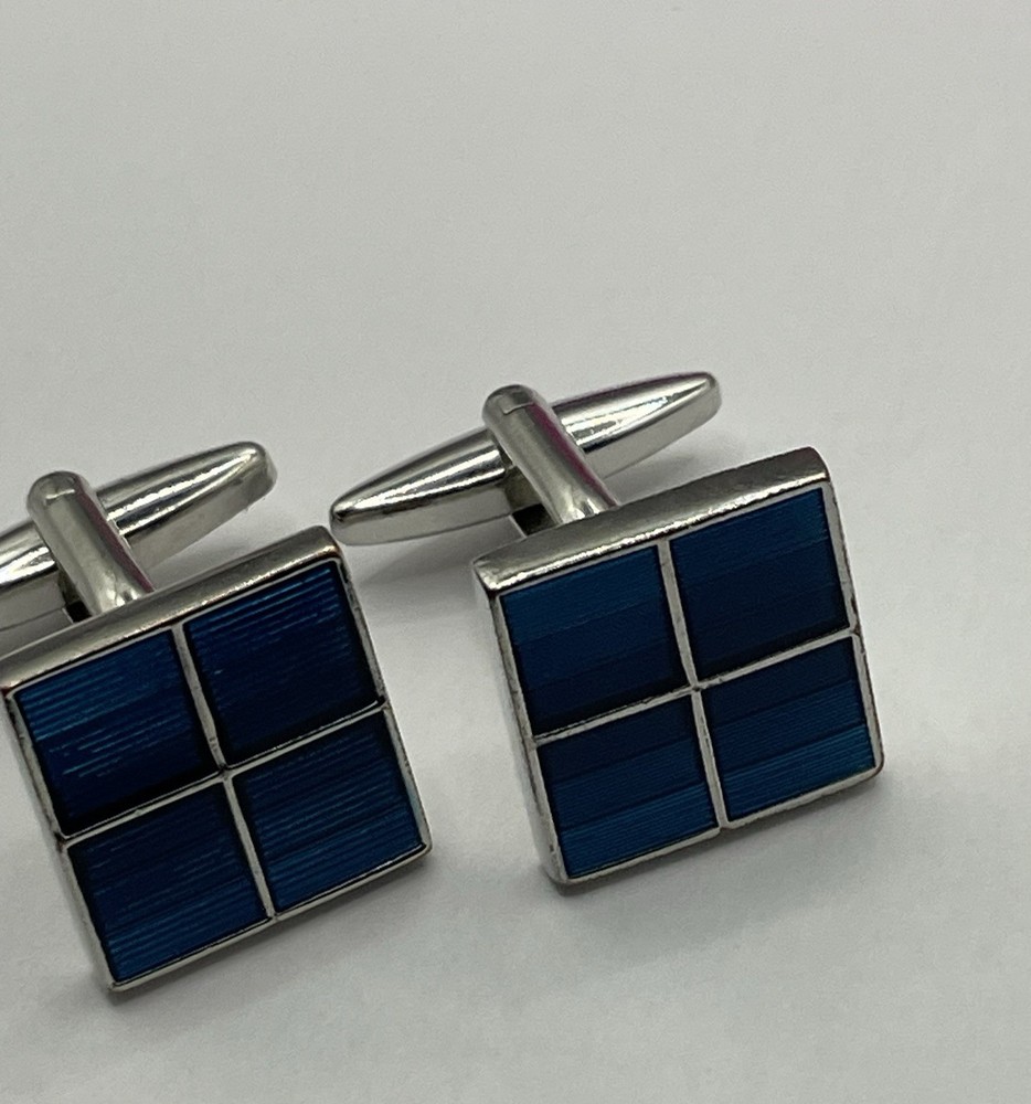 Cufflinks, Silver Tone &  Mid Blue Square Front, Bullet Back