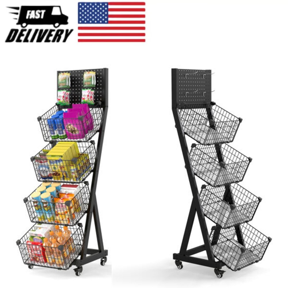 Moveable Supermaket Snack Rack Display Stand Moveable Shelf 4 Tier