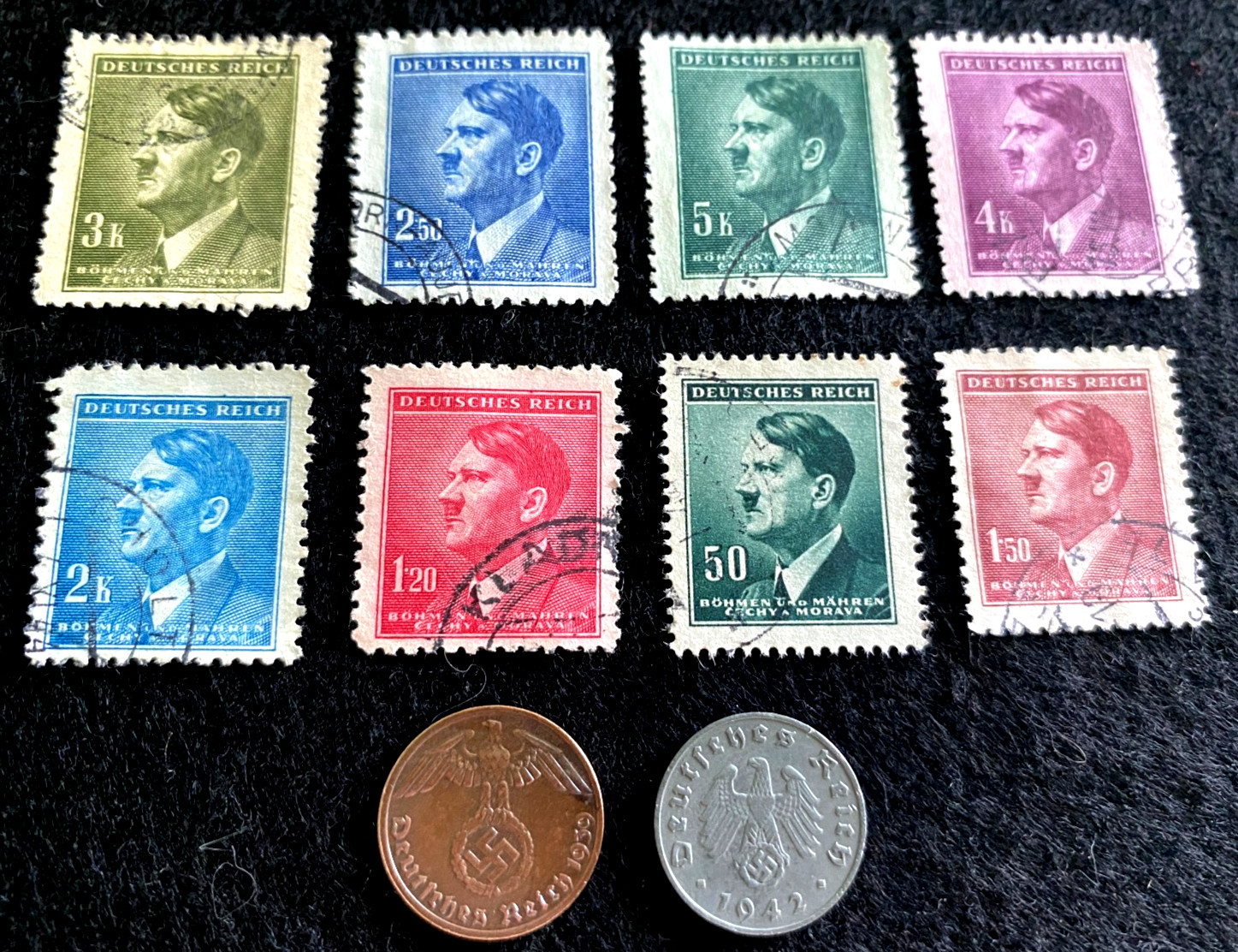 Germany WWII Era Third Reich Nazi Stamps & 1 Rp Zinc + Bronze Coin Set Authentic