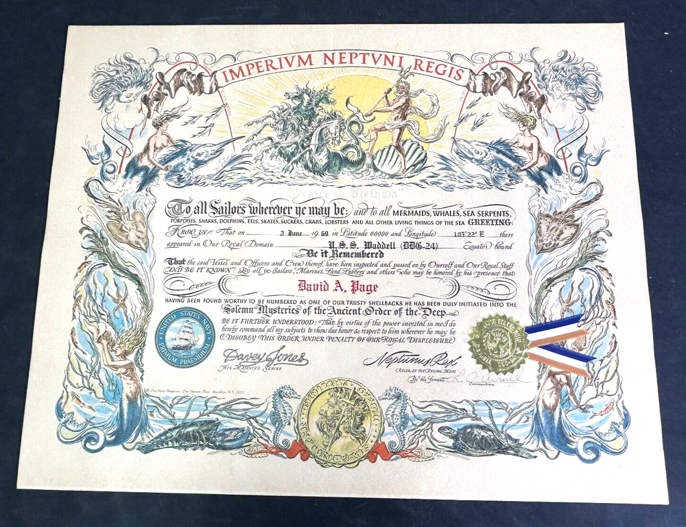 1969 USS Waddell DDG-24 Named Shellback Certificate