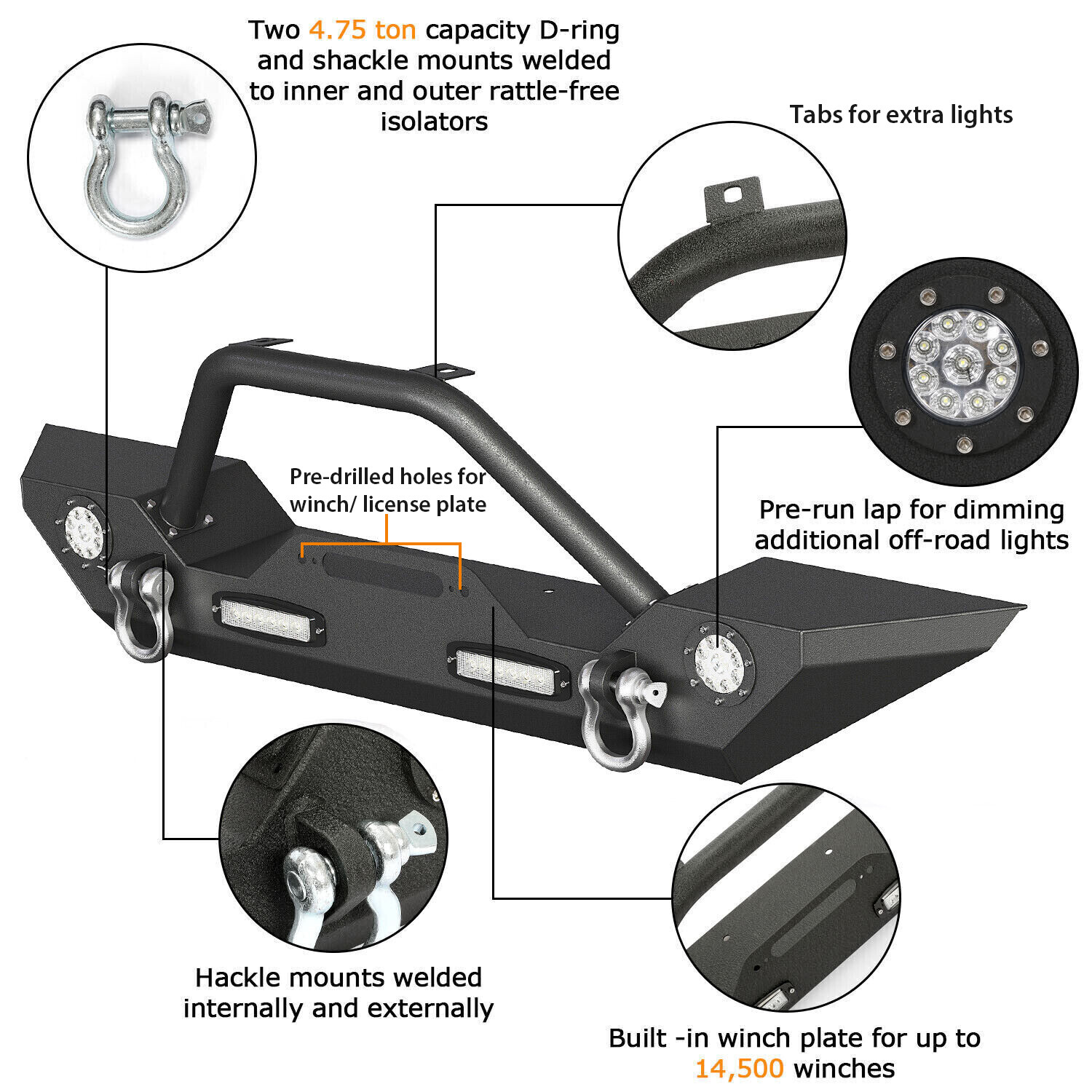 Steel Front Bumper w/LED Lights for Jeep Wrangler JK JL 07-22 Gladiator JT 20-22