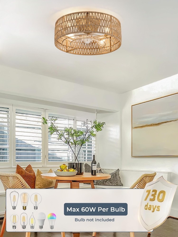 Boho Caged Ceiling Fans with Lights Flush Mount, Hand-Woven Rattan Ceiling Fa...