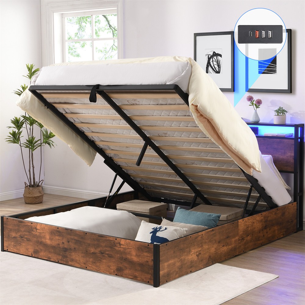 Full/Queen Size Bed Frame Wooden Platform Bed Frame w/ Storage & LED Lights US