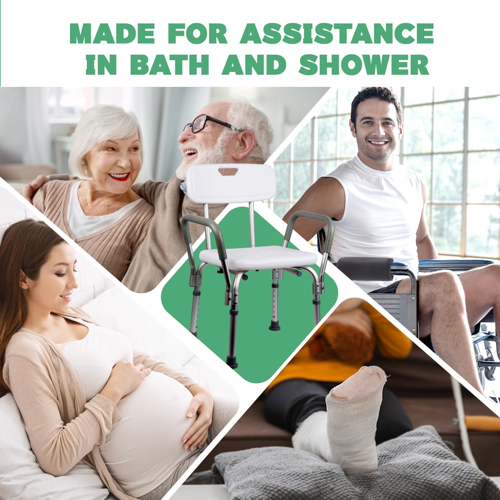 Adjustable Height 350lb Shower Chair with Arms & Back – Non-Slip Bath Stool