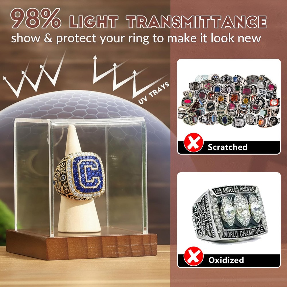 JupDec Championship Ring Display Case, Clear Acrylic Single 1 Pack, Brown