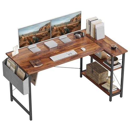 L Shaped Desk, 55" Computer Table with Reversible Storage 55 inch Brown