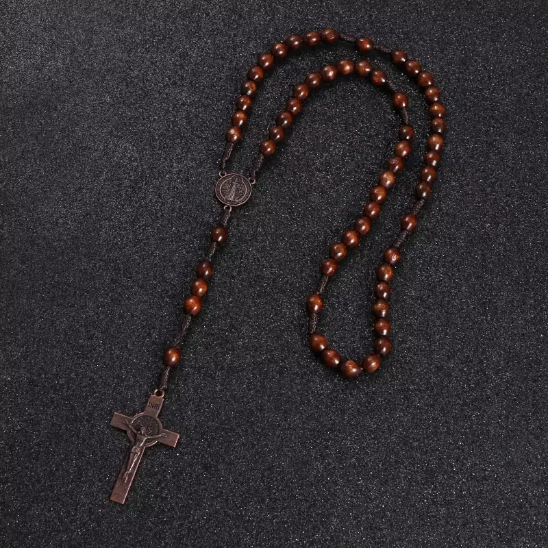 Christ Jesus Wooden Beads 8Mm Rosary Bead Cross Car Pendant Woven Rope Chain Nec