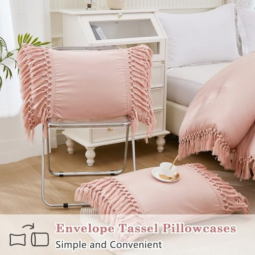 Pink Full Size Comforter Set, 3 Pieces Boho Tassel Lightweight Soft Bedding