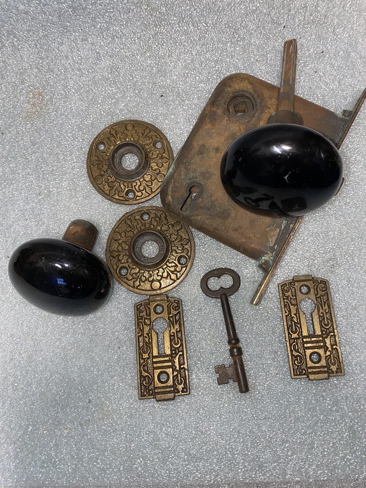 Antique Mortise, 2 Knobs  & 2 Cast Iron Rosettes, 2 keyhole Covers