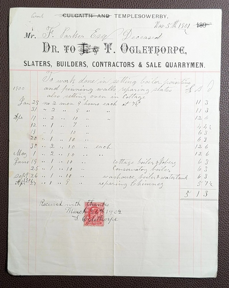 1901 T. Oglethorpe Slaters & Builders Culgaith & Templesowerby Invoice