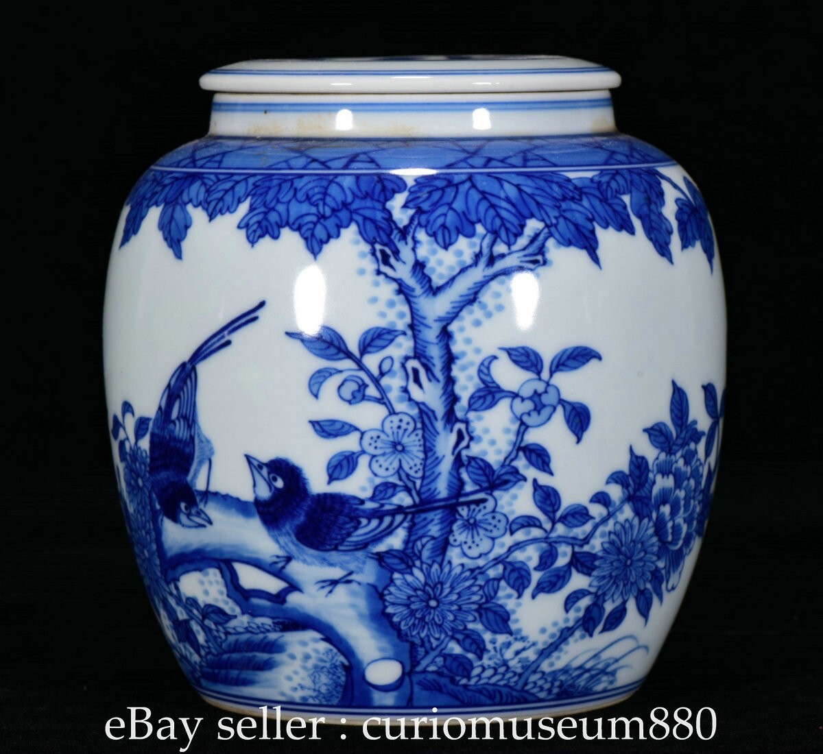 5.2" Chinese Qing Dynasty Blue White Porcelain Bird Flower Pattern Lid Pot Jar