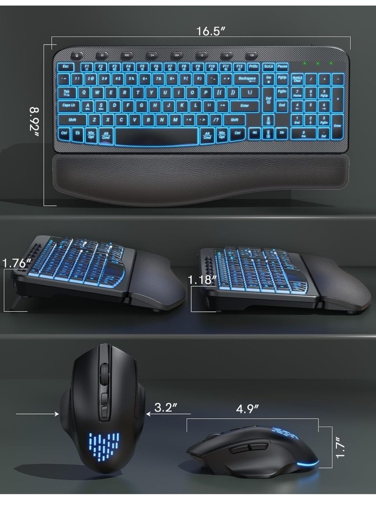 Ergonomic Wireless Keyboard and Mouse Combo - Wave Backlit Keyboard with Soft...