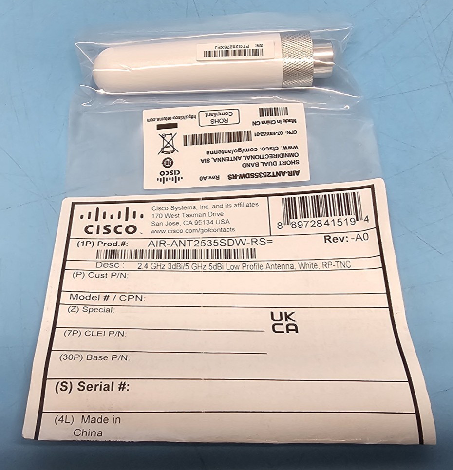 New, Sealed Cisco AIR-ANT2535SDW-RS 2.4GHz 3dBi/5 GHz 5dBi Low Profile Antenna.