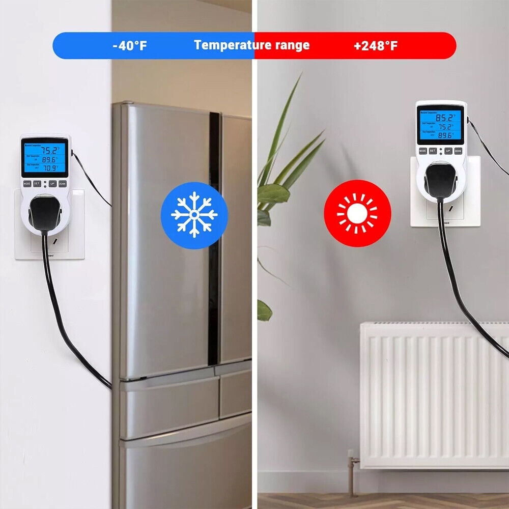 Digital Thermostat Outlet Plug Temperature Controller Heating Cooling w/ ProbeOq