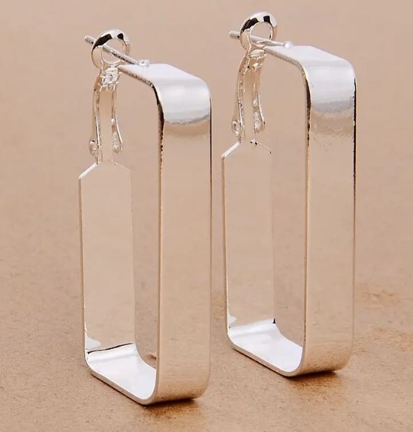 NEW MEDIUM LARGE RECTANGLE HOOP EARRINGS SILVER LEVER BACK LIGHTWEIGHT 1.5"
