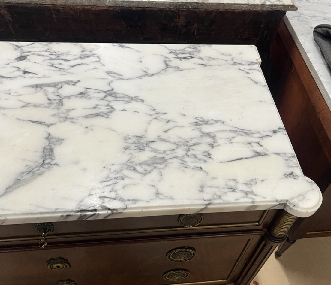 ANTIQUE FRENCH LOUIS XVI MARBLE-TOP MAHOGANY CHEST OF DRAWERS COMMODE