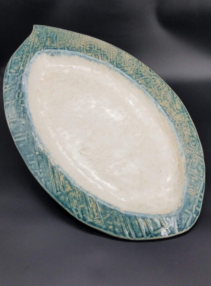 Handmade Studio Pottery Textured Blue Leaf Shaped Serving Plate Platter Tray EUC