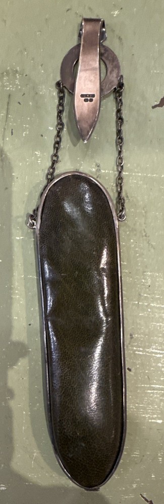 Victorian sterling silver & leather spectacles holder with Chatelaine hook