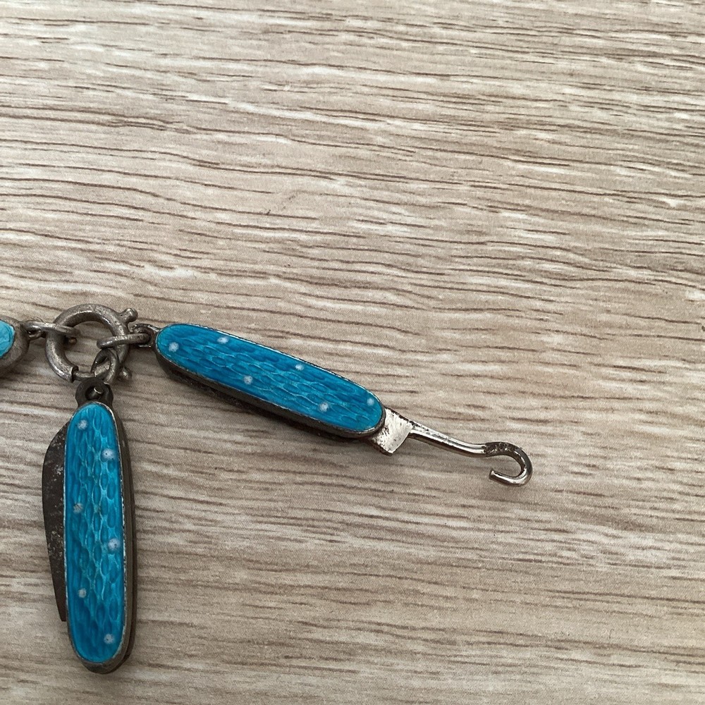 Antique Art Deco Solid Silver And Guilloche Enamel Chatelaine Button Hook