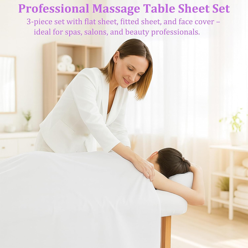 Massage Table Sheet Set, 3Pcs (Flat Sheet, Fitted Sheet, Face Rest Cover), White