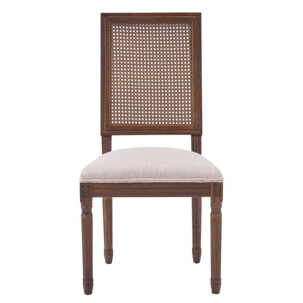 Set of 2 Rustic Upholstered Dining Chairs with Rattan Back & Solid Wood Frame